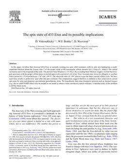 The Spin State of 433 Eros and Its Possible Implications