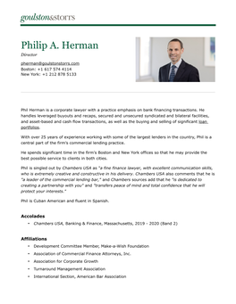 Philip A. Herman Director Pherman@Goulstonstorrs.Com Boston: +1 617 574 4114 New York: +1 212 878 5133