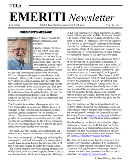 EMERITI Newsletter Fall 2020 UCLA Emeriti Association, Our 53Rd Year Vol