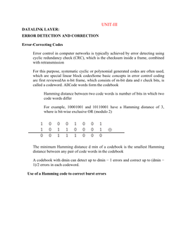 Unit-Iii Datalink Layer: Error Detection and Correction