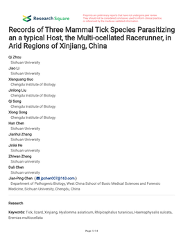 Records of Three Mammal Tick Species Parasitizing an a Typical Host, the Multi-Ocellated Racerunner, in Arid Regions of Xinjiang, China