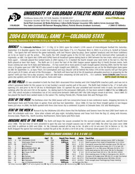 2004 CU Football: GAME 1—COLORADO STATE Saturday, September 4 in Boulder (6:10 P.M