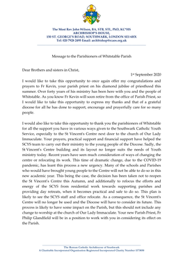 Message from Archbishop John Wilson to the Parish of Whitstable