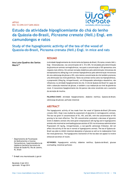 Estudo Da Atividade Hipoglicemiante Do Chá Do Lenho Da Quássia-Do-Brasil, Picrasma Crenata (Vell.) Engl