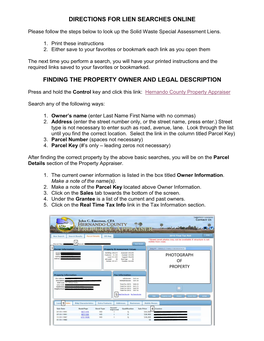 Directions for Lien Searches Online Finding the Property