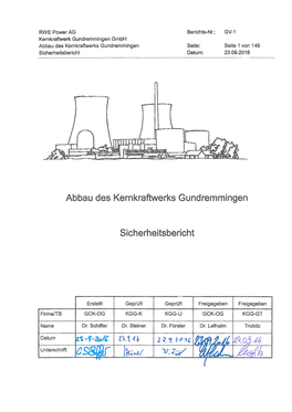 Abbau Des Kernkraftwerks Gundremmingen Seite: 2 Von 149 Sicherheitsbericht Datum: 23.09.2016