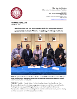 Navajo Nation and San Juan County, Utah Sign Intergovernmental Agreement to Maintain 74-Miles of Roadways for Navajo Residents