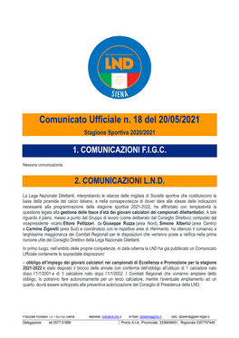 Comunicato Ufficiale N. 18 Del 20/05/2021