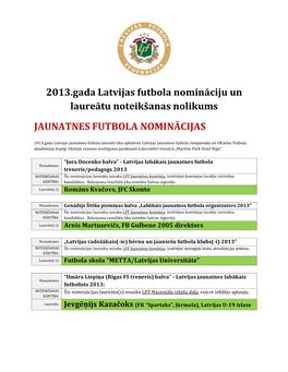 2013.Gada Latvijas Futbola Nomināciju Un Laureātu Noteikšanas Nolikums JAUNATNES FUTBOLA NOMINĀCIJAS