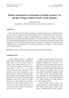 Density and Patterns of Orientation of Patella Caerulea L. in the Bay of Koper (Gulf of Trieste, North Adriatic)