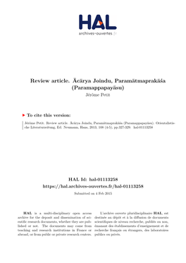 Review Article. Ācārya Joindu, Paramātmaprakāśa (Paramappapayāsu) Jérôme Petit