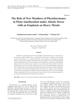 The Role of New Members of Phytohormones in Plant Amelioration Under Abiotic Stress with an Emphasis on Heavy Metals