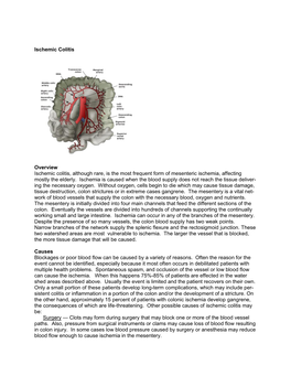 Ischemic Colitis Overview Ischemic Colitis, Although Rare, Is the Most Frequent Form of Mesenteric Ischemia, Affecting Mostly Th