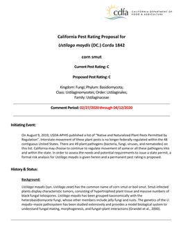 California Pest Rating Proposal for Ustilago Maydis (DC.) Corda 1842