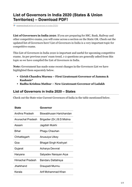 List of Governors in India 2020 (States & Union Territories)