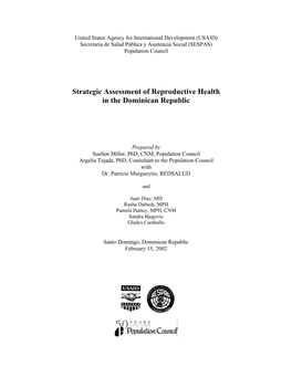 Strategic Assessment of Reproductive Health in the Dominican Republic