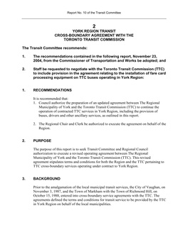 York Region Transit Cross-Boundary Agreement with the Toronto Transit Commission