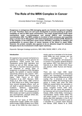 The Role of the MRN Complex in Cancer – F Zeilstra