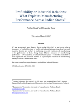 Profitability Or Industrial Relations: What Explains Manufacturing Performance Across Indian States?1