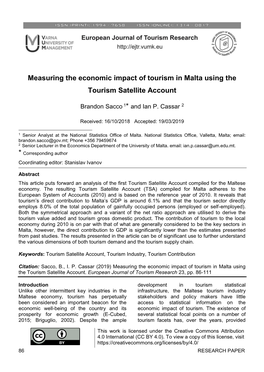 Measuring the Economic Impact of Tourism in Malta Using the Tourism Satellite Account