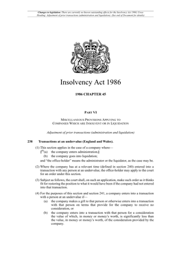 Insolvency Act 1986, Cross Heading: Adjustment of Prior Transactions (Administration and Liquidation)