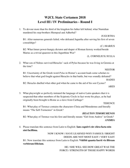 WJCL State Certamen 2018 Level III / IV Preliminaries - Round I