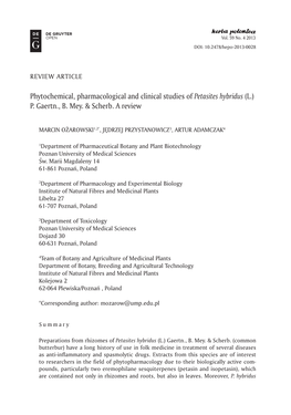 Phytochemical, Pharmacological and Clinical Studies of Petasites Hybridus (L.) P