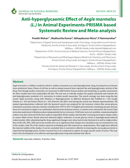 Anti-Hyperglycaemic Effect of Aegle Marmelos (L.) in Animal Experiments-PRISMA Based Systematic Review and Meta-Analysis