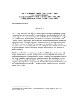 Liquefaction of Earth Embankment Dams Two Case Histories: (1) Liquefaction of the Embankment Soils, and (2) Liquefaction of the Foundations Soils