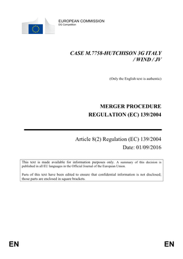 Case M.7758-Hutchison 3G Italy / Wind / Jv