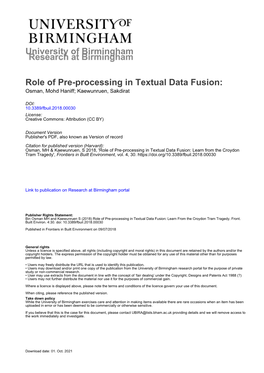 Role of Pre-Processing in Textual Data Fusion: Osman, Mohd Haniff; Kaewunruen, Sakdirat