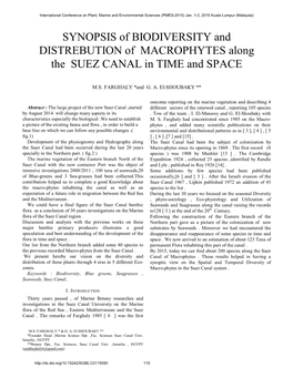 SYNOPSIS of BIODIVERSITY and DISTREBUTION of MACROPHYTES Along the SUEZ CANAL in TIME and SPACE