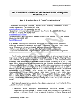 The Subterranean Fauna of the Arbuckle Mountains Ecoregion of Oklahoma, USA