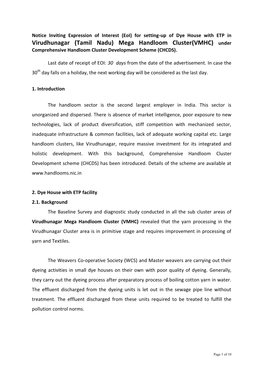 Eoi) for Setting-Up of Dye House with ETP in Virudhunagar (Tamil Nadu) Mega Handloom Cluster(VMHC) Under Comprehensive Handloom Cluster Development Scheme (CHCDS