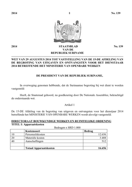 Begroting 2014 Ministerie Van Openbare Werken