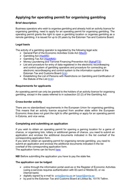 Applying for Operating Permit for Organising Gambling Brief Description