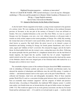 Highland Georgian Paganism — Archaism Or Innovation? Review of Zurab K'ik'nadze. 1996. Kartuli Mitologia, I. ∆Vari Da S