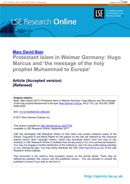 Protestant Islam in Weimar Germany: Hugo Marcus and 'The Message of the Holy Prophet Muhammad to Europe'