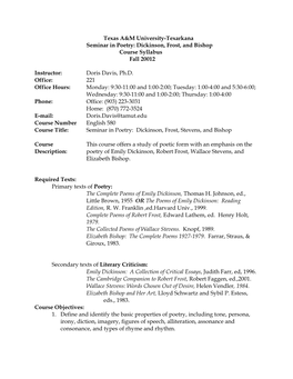 Dickinson, Frost, and Bishop Course Syllabus Fall 20012 Instructor