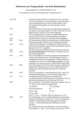 Stichworte Zur Postgeschichte Von Stein-Bockenheim Zusammengestellt Von Manfred Hinkel, Alzey Vorsitztender Des Vereins Für Postgeschichte in Rheinhessen E.V