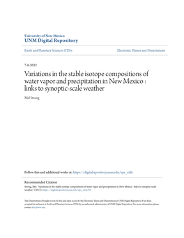 Variations in the Stable Isotope Compositions of Water Vapor and Precipitation in New Mexico : Links to Synoptic-Scale Weather Mel Strong