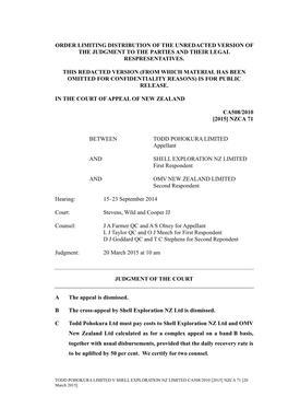 Order Limiting Distribution of the Unredacted Version of the Judgment to the Parties and Their Legal Respresentatives