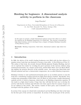 Arxiv:2004.11850V1 [Physics.Ed-Ph] 24 Apr 2020 Analysis Activity to Work in Classroom, Which Leads to the Hawking Temperature Equation