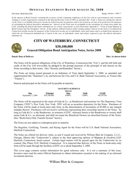 CITY of WATERBURY, CONNECTICUT $30,100,000 General Obligation Bond Anticipation Notes, Series 2008