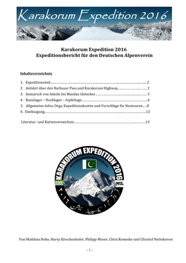 Karakorum Expedition 2016 Expeditionsbericht Für Den Deutschen Alpenverein