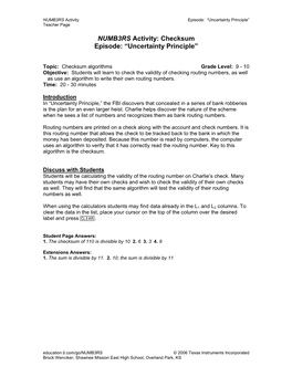 NUMB3RS Activity: Checksum Episode: “Uncertainty Principle”