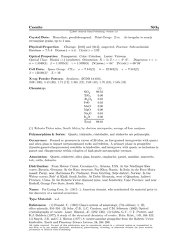 Coesite Sio2 C 2001 Mineral Data Publishing, Version 1.2 ° Crystal Data: Monoclinic, Pseudohexagonal