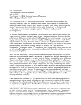 Rev. Lacey Hunter the Community Church of Sebastopol June 21, 2020 Text: Genesis 21:8-21 & the Radical Legacy of Juneteenth “I Go to Prepare a Place for You”1