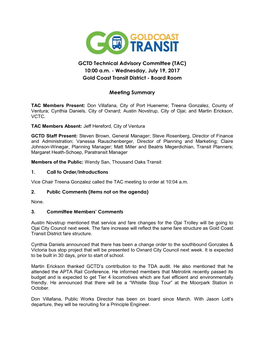GCTD Technical Advisory Committee (TAC) 10:00 A.M. - Wednesday, July 19, 2017 Gold Coast Transit District - Board Room
