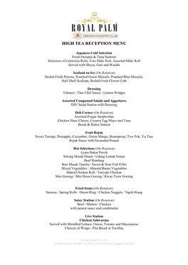 High Tea Reception Menu